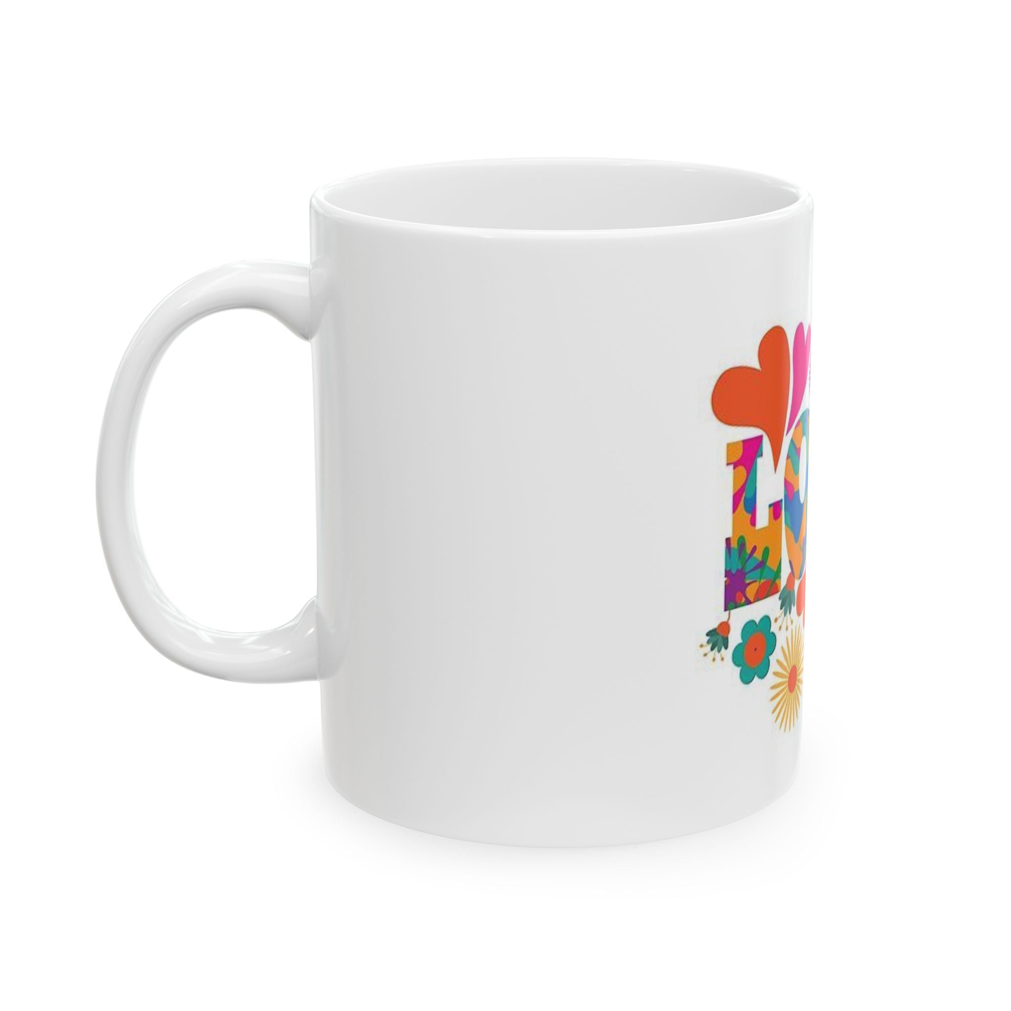 “Retro Love Mug – Colorful Hearts & Flowers Ceramic Coffee Cup, 11oz – Groovy Hippie 70s Style Gift”