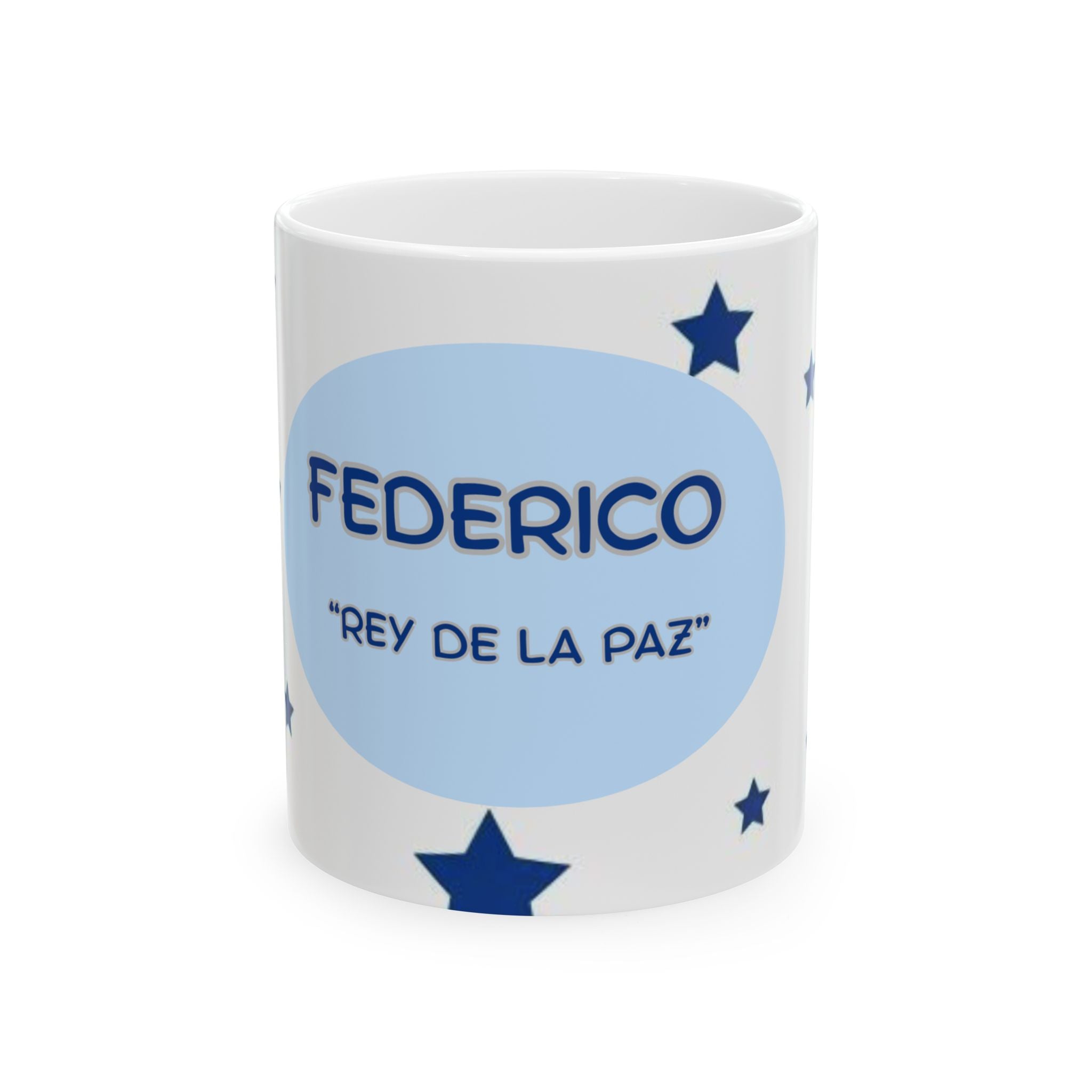 Ceramic Mug with Blue Stars and 'Federico Rey de la Paz' Quote, Personalized Tea Coffee Mug, Starry Night Gift, Custom Name Cup, [...]