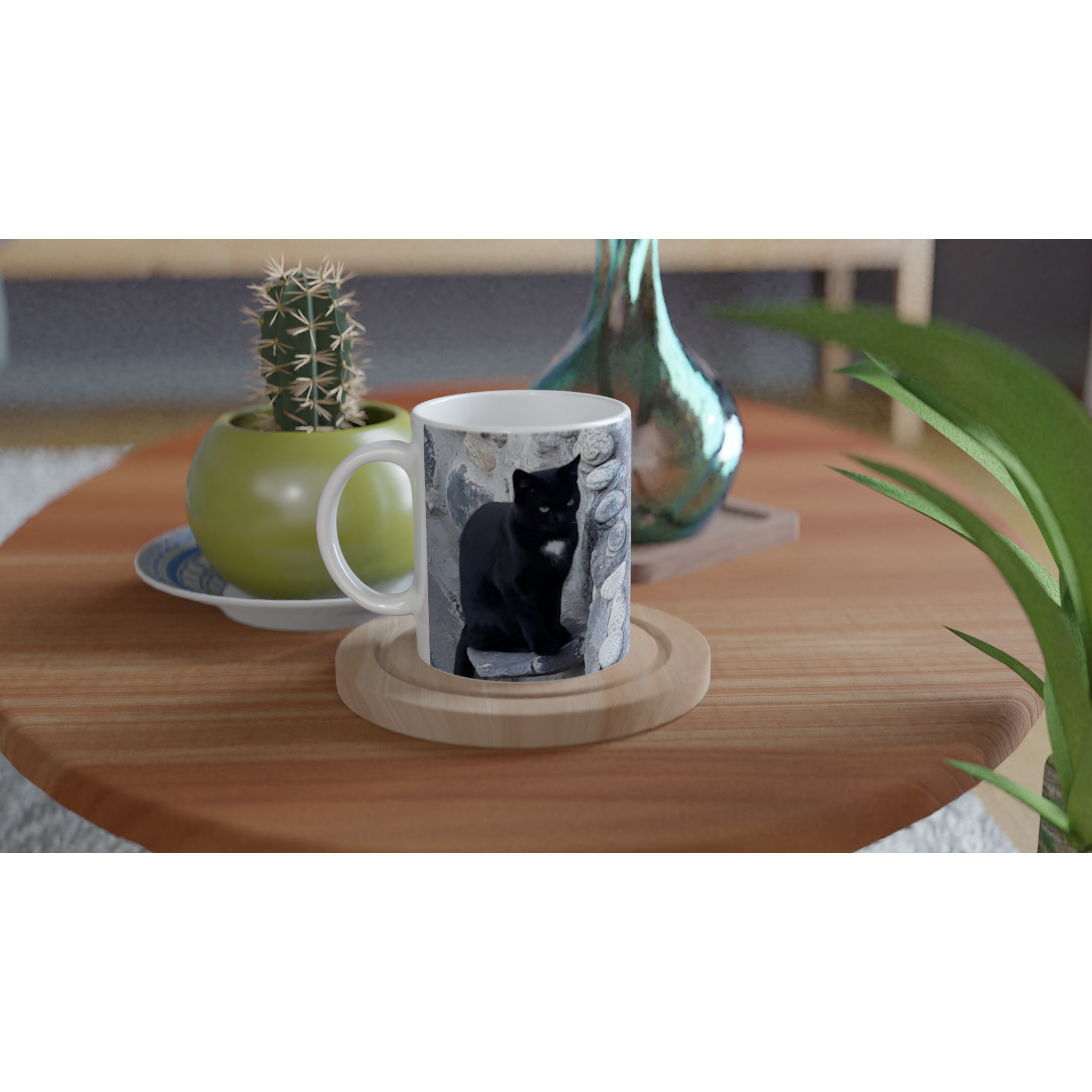 White 11oz Ceramic Mug Black Cat